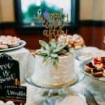 Wedding desserts and cake. Text: Happily ever after, love is sweet, red velvet, gluten free vanilla frosting.