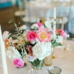 Wedding reception table flower decorations.
