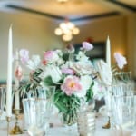 Wedding reception table flower decorations.