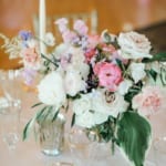 Wedding reception table flower decorations.