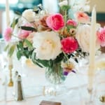 Wedding reception table flower decorations.