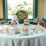 Wedding cake and desserts. Text: First comes love, then comes cake.