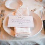 Wedding reception table setting. Text: Thank you card.