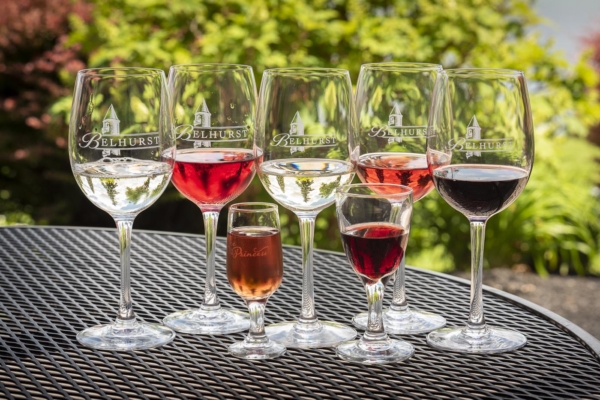 Belhurst Estate Winery-glasses Wine glasses with various types of wine.